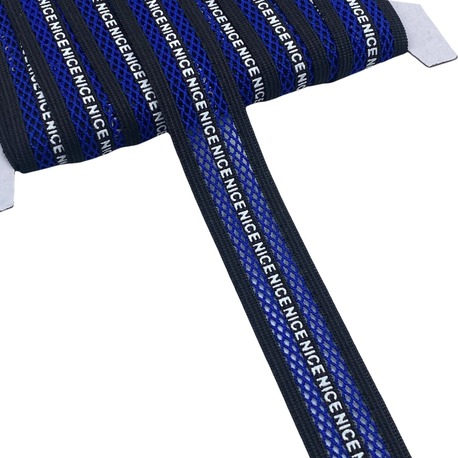 Guma ozdobna odzieżowa dziana z napisem - kolor niebieski