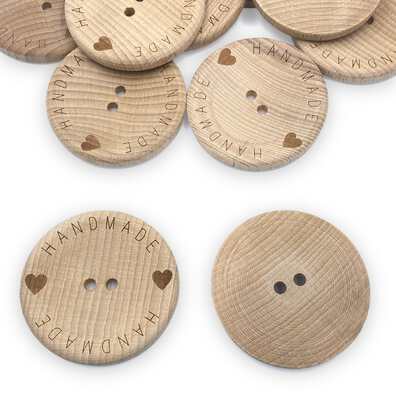 Duże guziki ozdobne z drewna z napisem Handmade