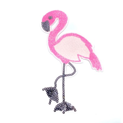 Aplikacja zrobiona z filcu i cekinów we wzorze różowego flaminga