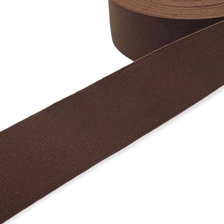 Tkana guma odzieżowa - twarda taśma elastyczna w kolorze brązowym.