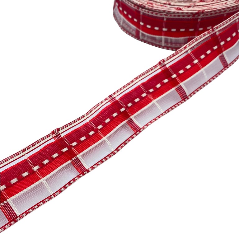 Ozdobna tasiemka z drucikiem do dekorowania biało-czerwona