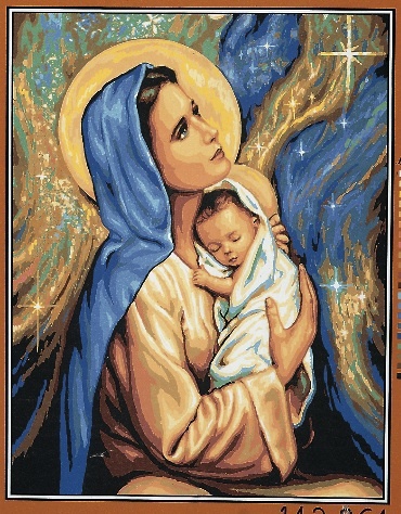 Kanwa z nadrukiem w tematyce religijnej przedstawiająca Maryję z dzieciątkiem.