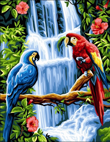 Wzór do haftu na kanwie - kolorowe papugi z tłem.