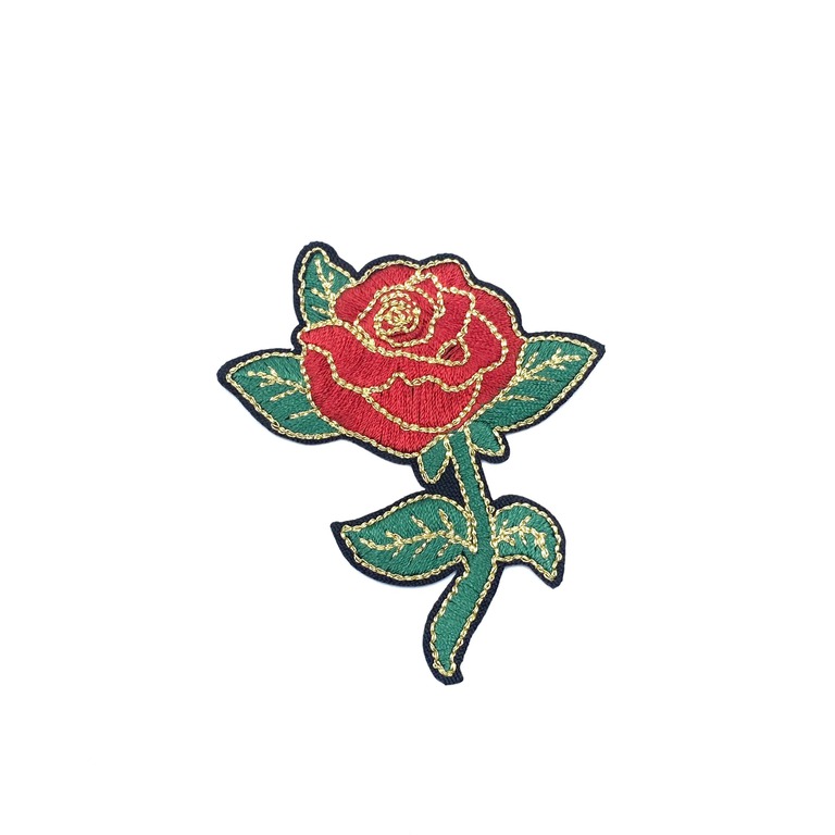 Aplikacja ozdobna czerwona róża z metalizowaną nitką.