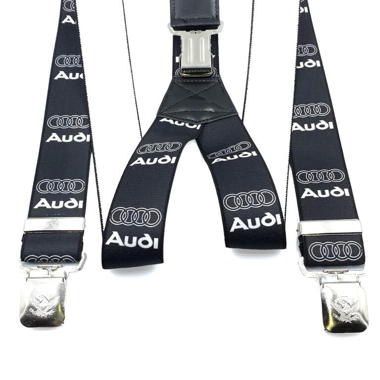 Szelki z nadrukiem Audi do spodni. Kolor czarny, guma bardzo dobrej jakości.